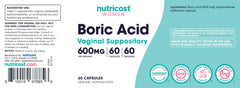 Nutricost Boric Acid Vaginal Suppositories 600mg in a pack of 60 capsules for women's health