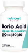 Boric acid vaginal suppository bottle, 600mg, 60 capsules label