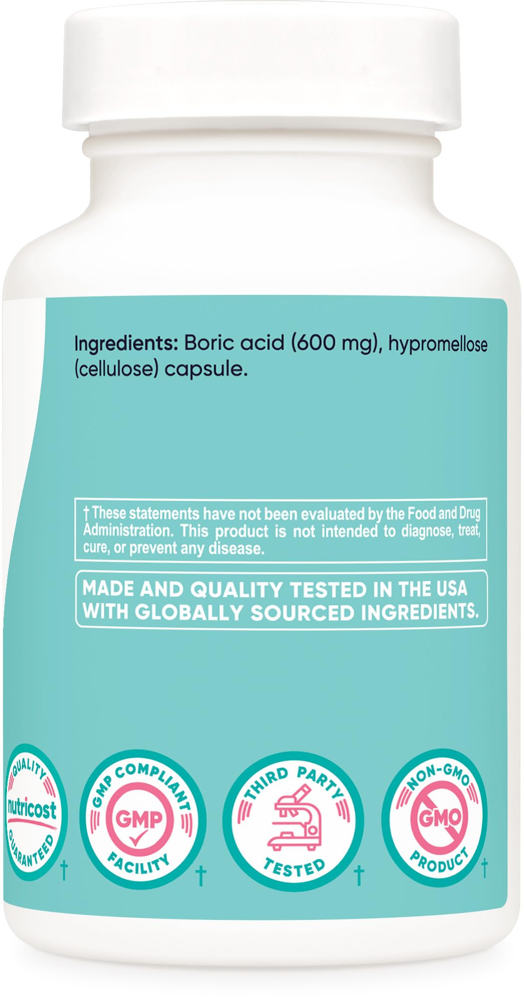 Nutricost Boric Acid Vaginal Suppositories in a white bottle with 600 mg capsules