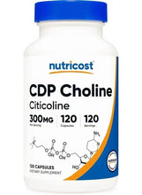 CDP choline supplement bottle, blue cap, front label with 300 mg and 120 capsules