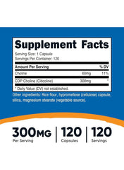 Nutricost CDP choline supplement 300mg in a bottle with 120 capsules for cognitive support
