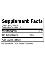 CDP choline supplement label with amount per serving 300 mg and veggie capsule info