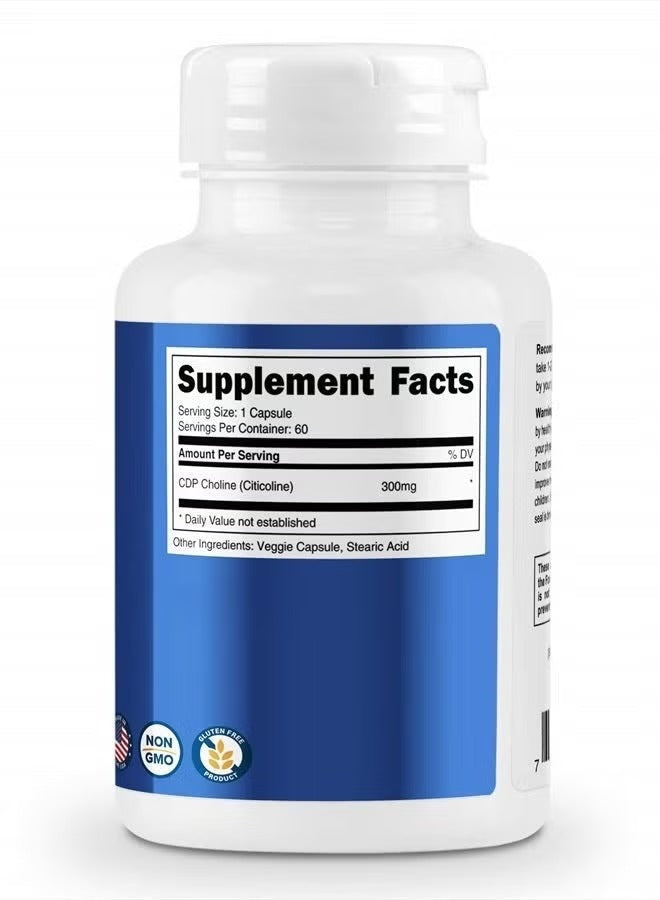 Nutricost CDP choline supplement 300mg in a blue bottle with supplement facts label
