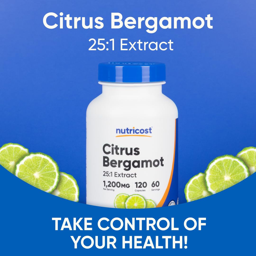 Nutricost Citrus Bergamot capsules 1200mg in a white bottle with green lime slices surrounding it