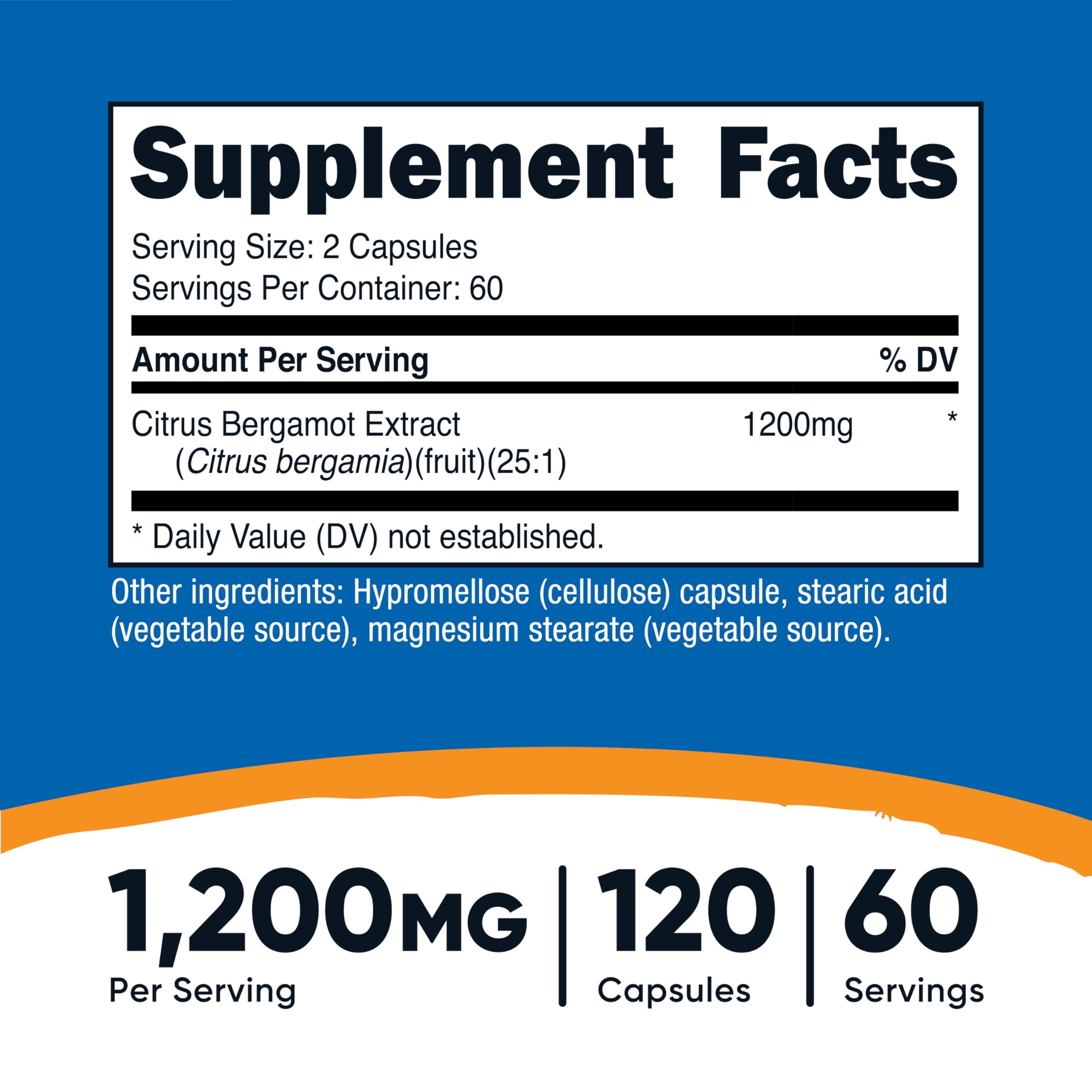 Nutricost Citrus Bergamot capsules 1200mg Supplement Facts label with serving information