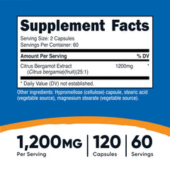 Nutricost Citrus Bergamot capsules 1200mg Supplement Facts label with serving information