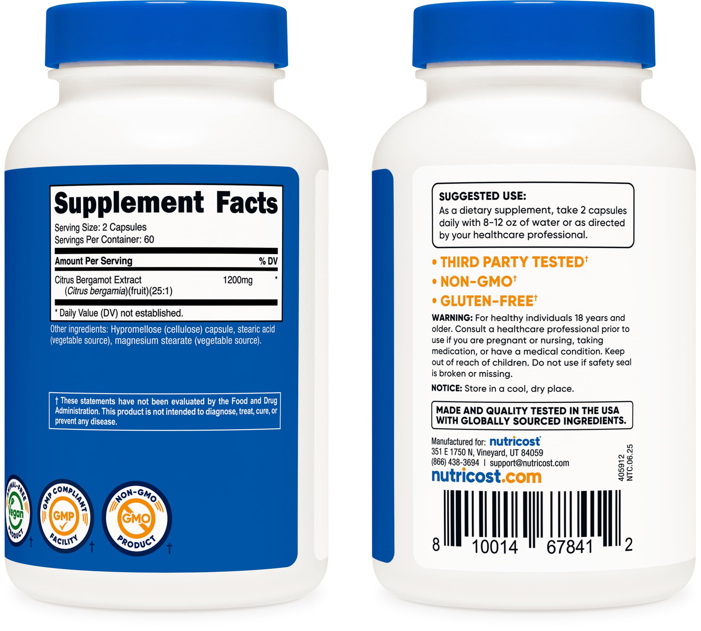 Nutricost Citrus Bergamot capsules 1200mg bottle with supplement facts and serving size information