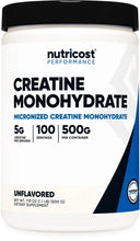 Creatine monohydrate powder jar, unflavored 500 g, front label with 5 g servings