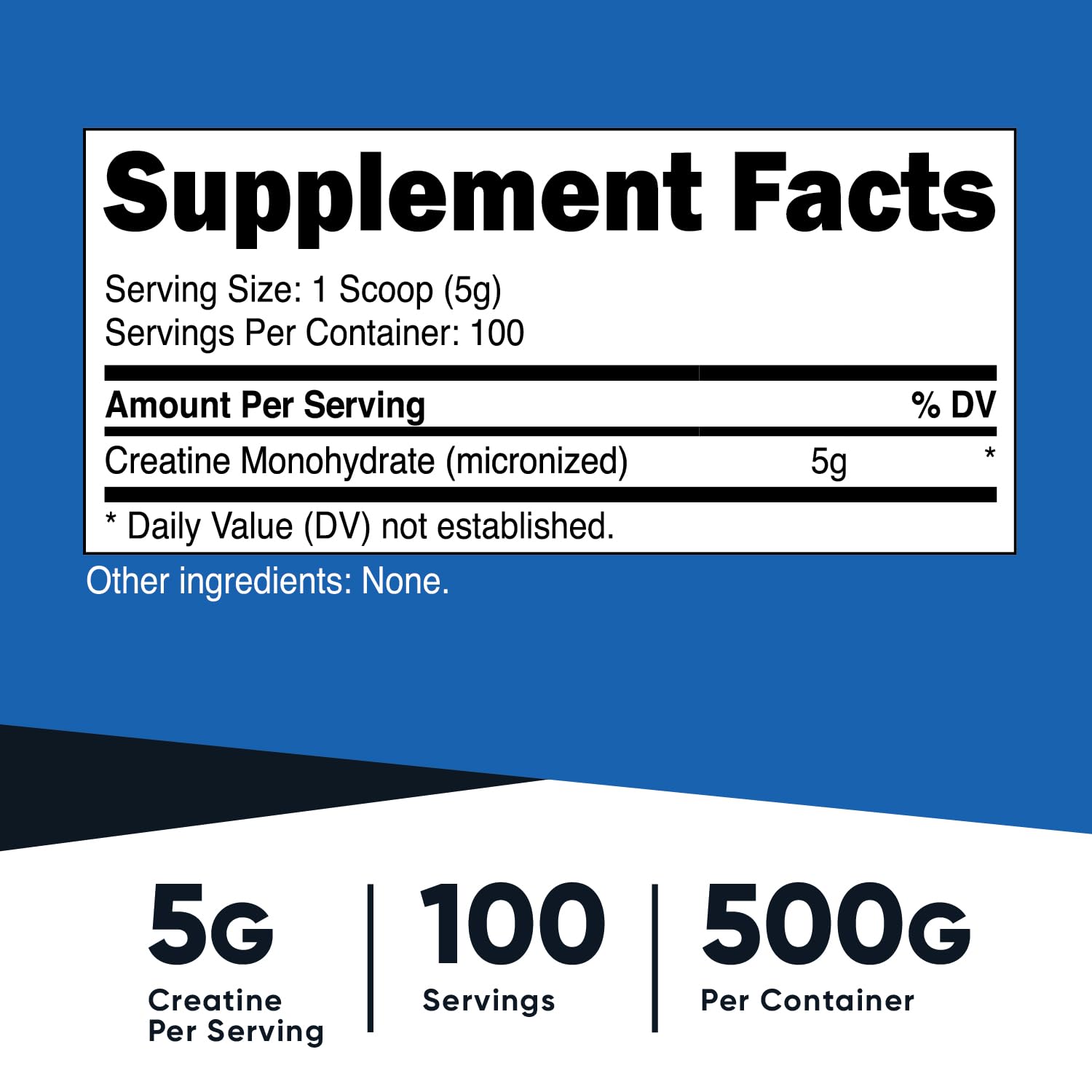 Nutricost supplement facts label showing creatine monohydrate powder 5g per serving 100 servings 500g