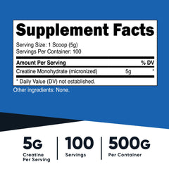 Nutricost supplement facts label showing creatine monohydrate powder 5g per serving 100 servings 500g