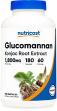 White supplement bottle with blue cap, front label shows Glucomannan 1,800mg and 180 capsules