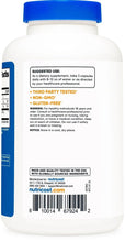 White supplement bottle with blue cap, directions and ingredients panel on back