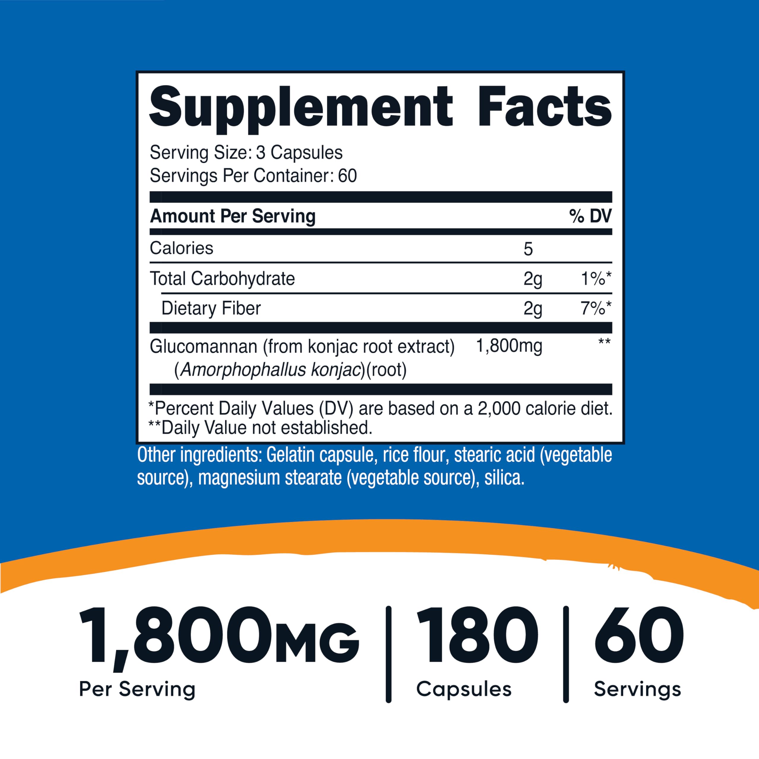 Nutricost glucomannan capsules UAE supplement facts label showing 1800mg per serving 180 capsules 60 servings