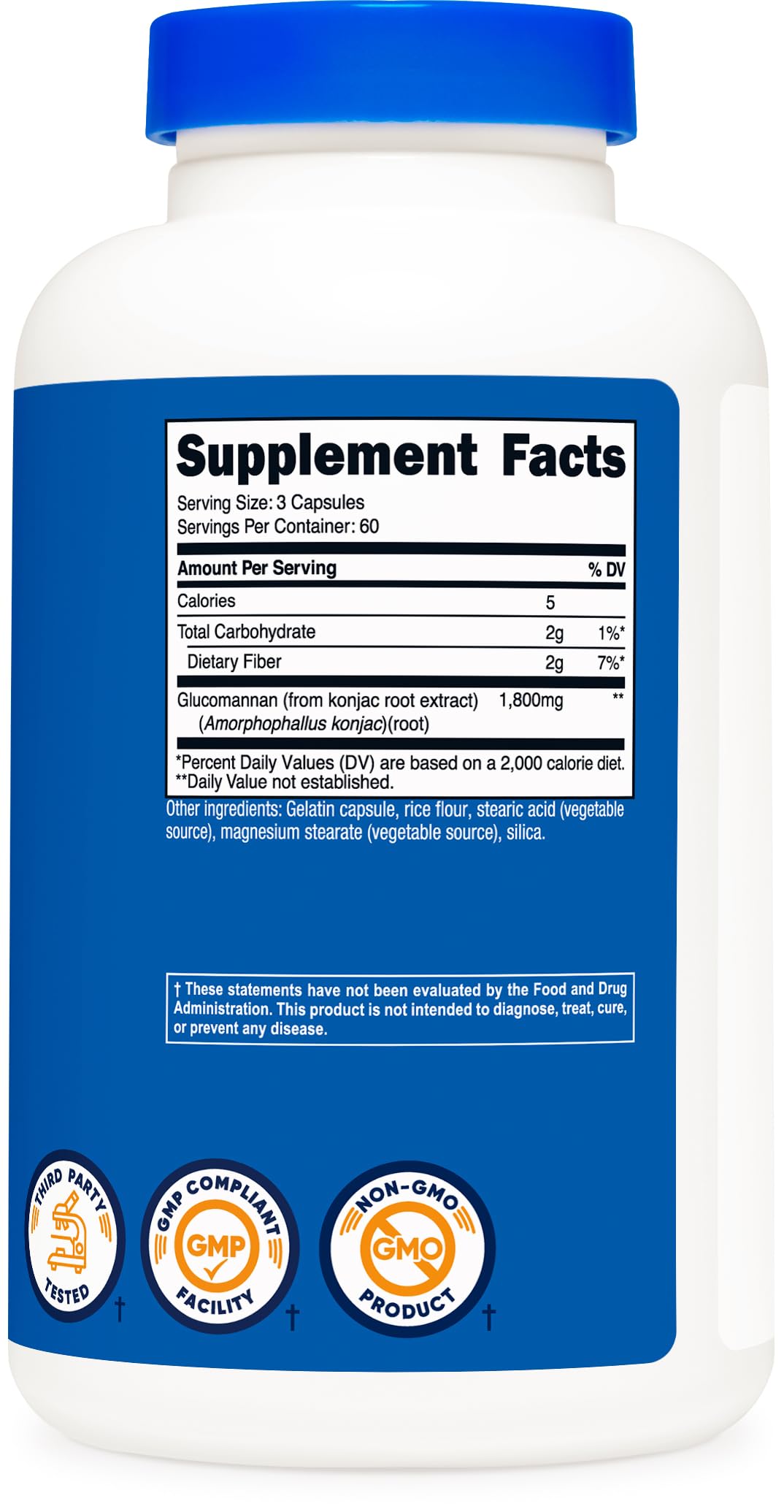 Nutricost white bottle back label showing Supplement Facts and ingredients for glucomannan capsules UAE on blue label
