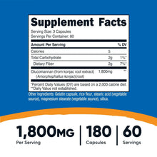 Supplement Facts label showing Glucomannan 1,800mg, 180 capsules per container