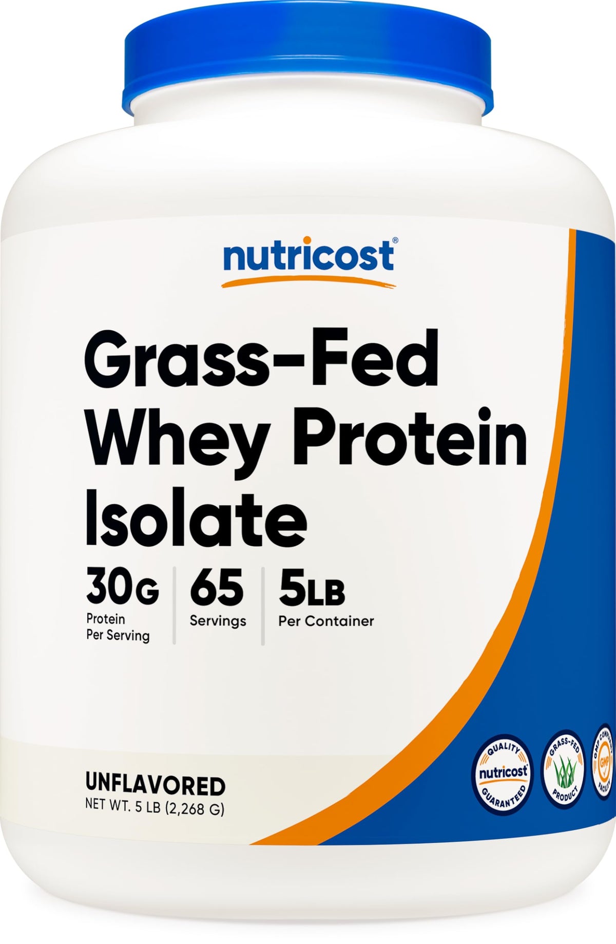 Nutricost Grass Fed Whey Protein Isolate in 5 lb container, unflavored, with 30g protein per serving