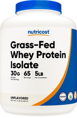Nutricost Grass Fed Whey Protein Isolate in 5 lb container, unflavored, with 30g protein per serving