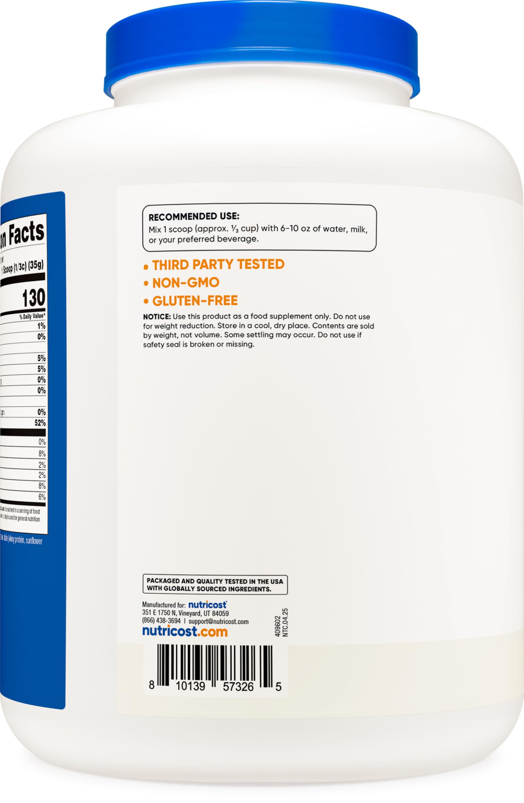 Nutricost Grass Fed Whey Protein Isolate Container with Nutritional Facts and Usage Instructions