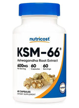 KSM-66® ashwagandha extract supplement bottle with blue cap and label, 60 capsules