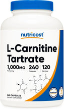 White bottle with blue cap, L-Carnitine Tartrate capsule label