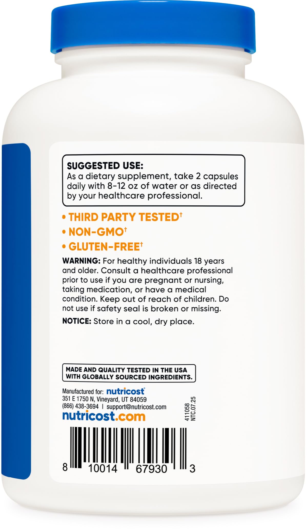 Nutricost supplement bottle back label with suggested use third party tested and warnings L-Carnitine Tartrate capsules UAE