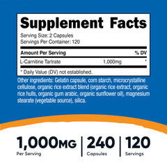 Nutricost supplement facts label L-Carnitine Tartrate 1000 mg per serving 240 capsules L-Carnitine Tartrate capsules UAE