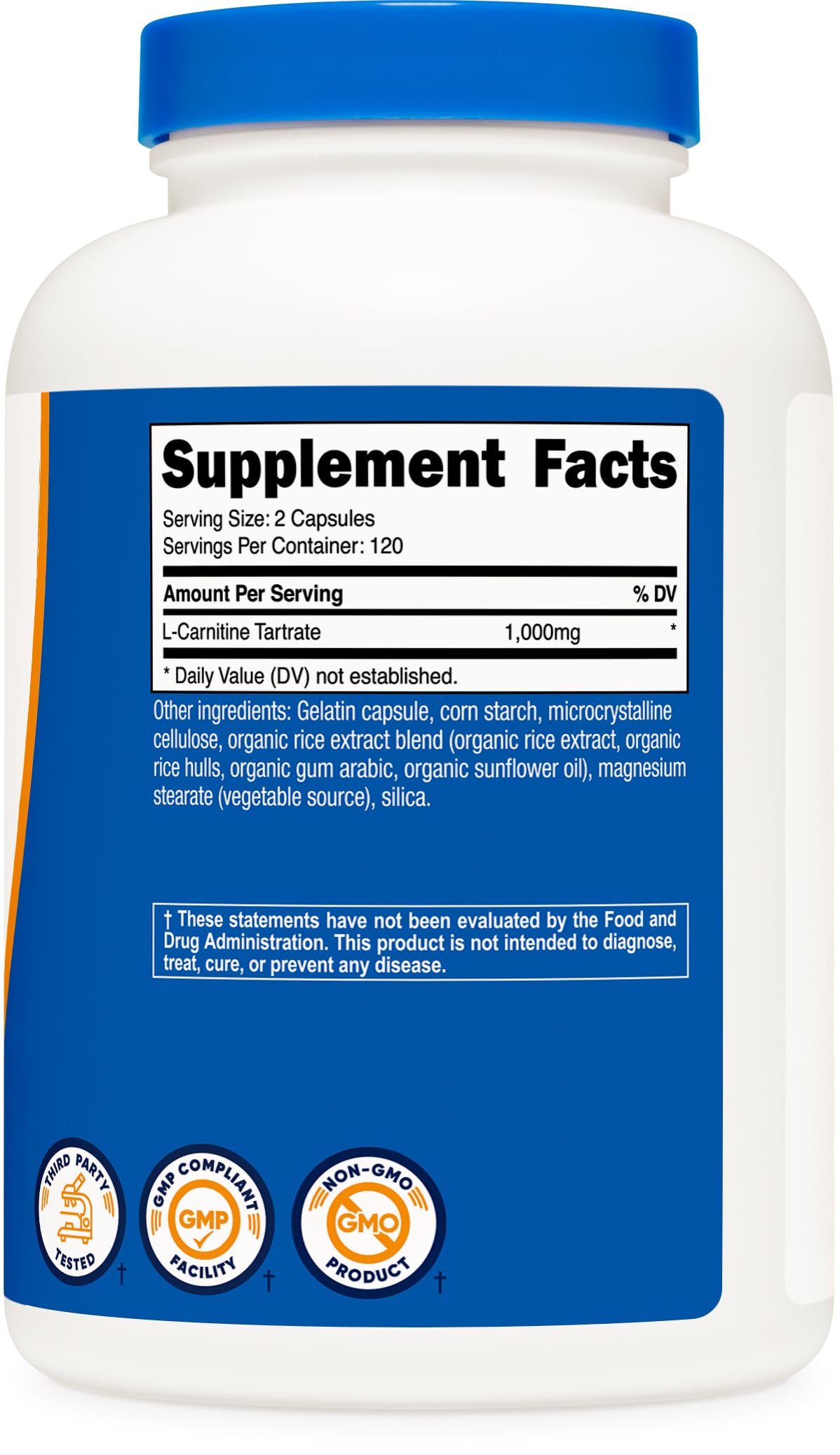 Nutricost white supplement bottle showing Supplement Facts label and blue cap L-Carnitine Tartrate capsules UAE