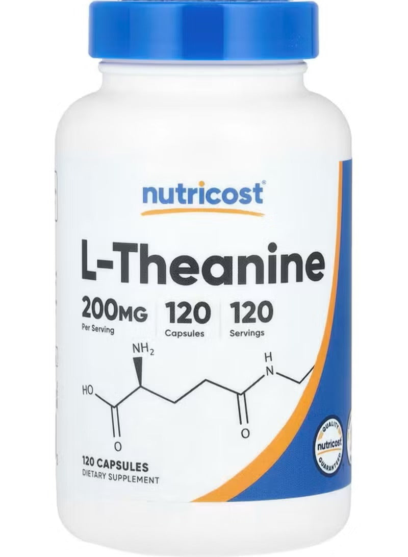 Nutricost L-Theanine 200mg capsules in a white bottle with blue lid, containing 120 capsules.