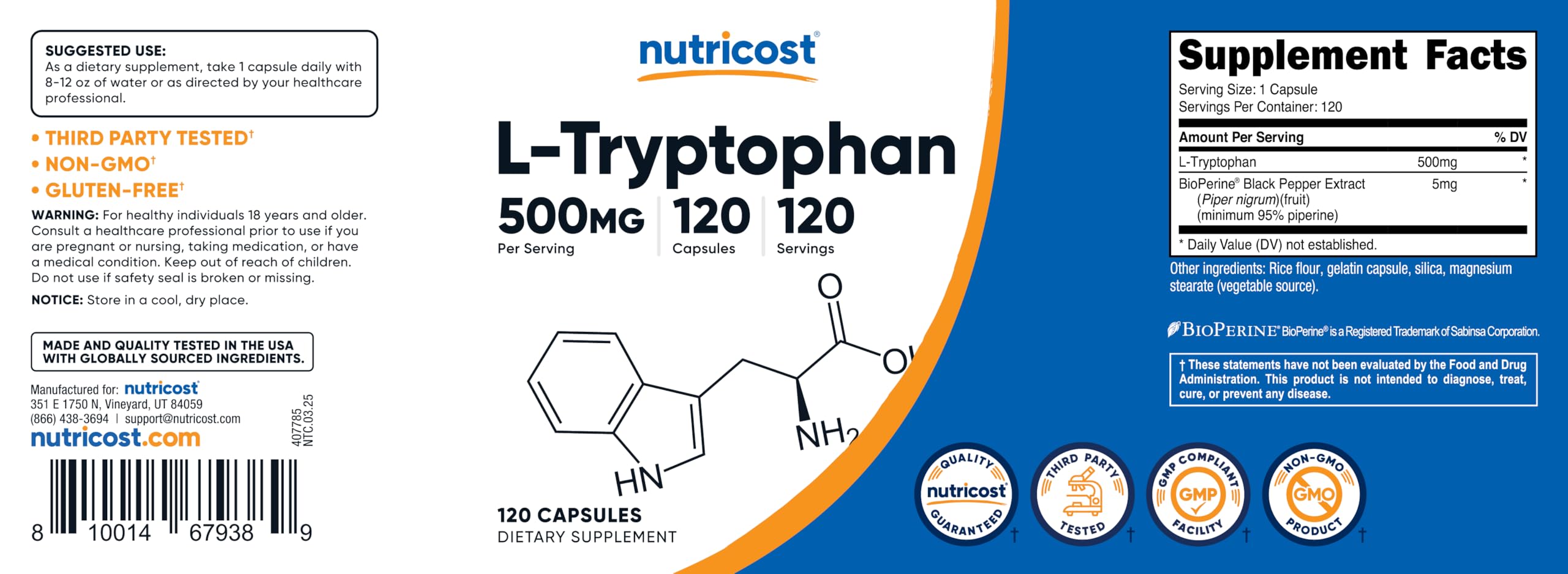 Nutricost L-Tryptophan 500mg supplement in a bottle with 120 capsules for mood support