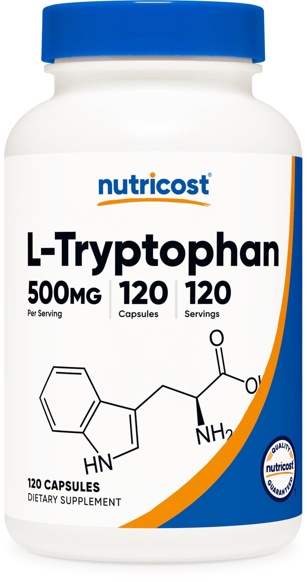 Nutricost L-Tryptophan 500mg supplement in a bottle with 120 capsules for relaxation support