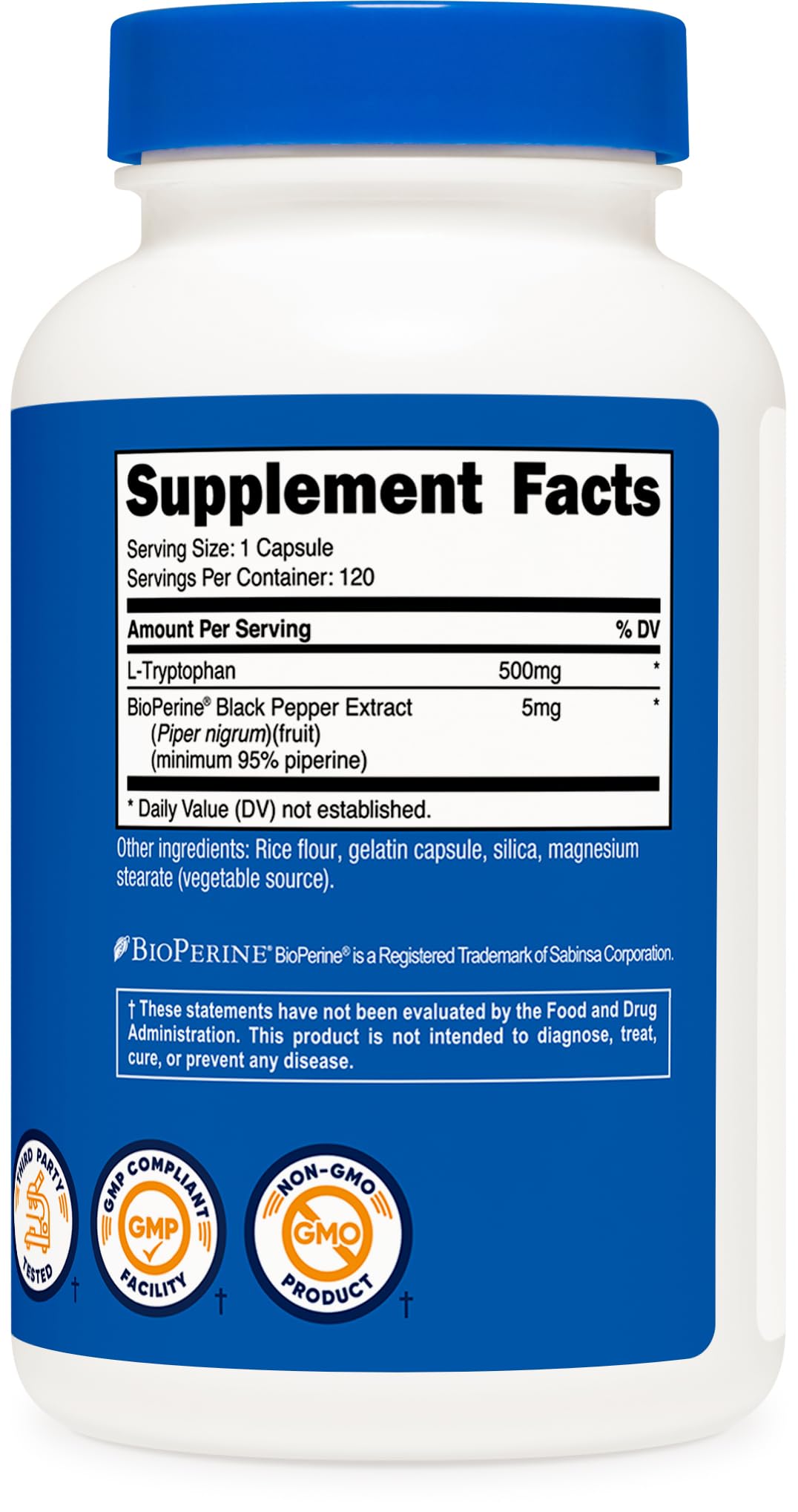 Nutricost L-Tryptophan 500mg supplement bottle showing supplement facts and serving information