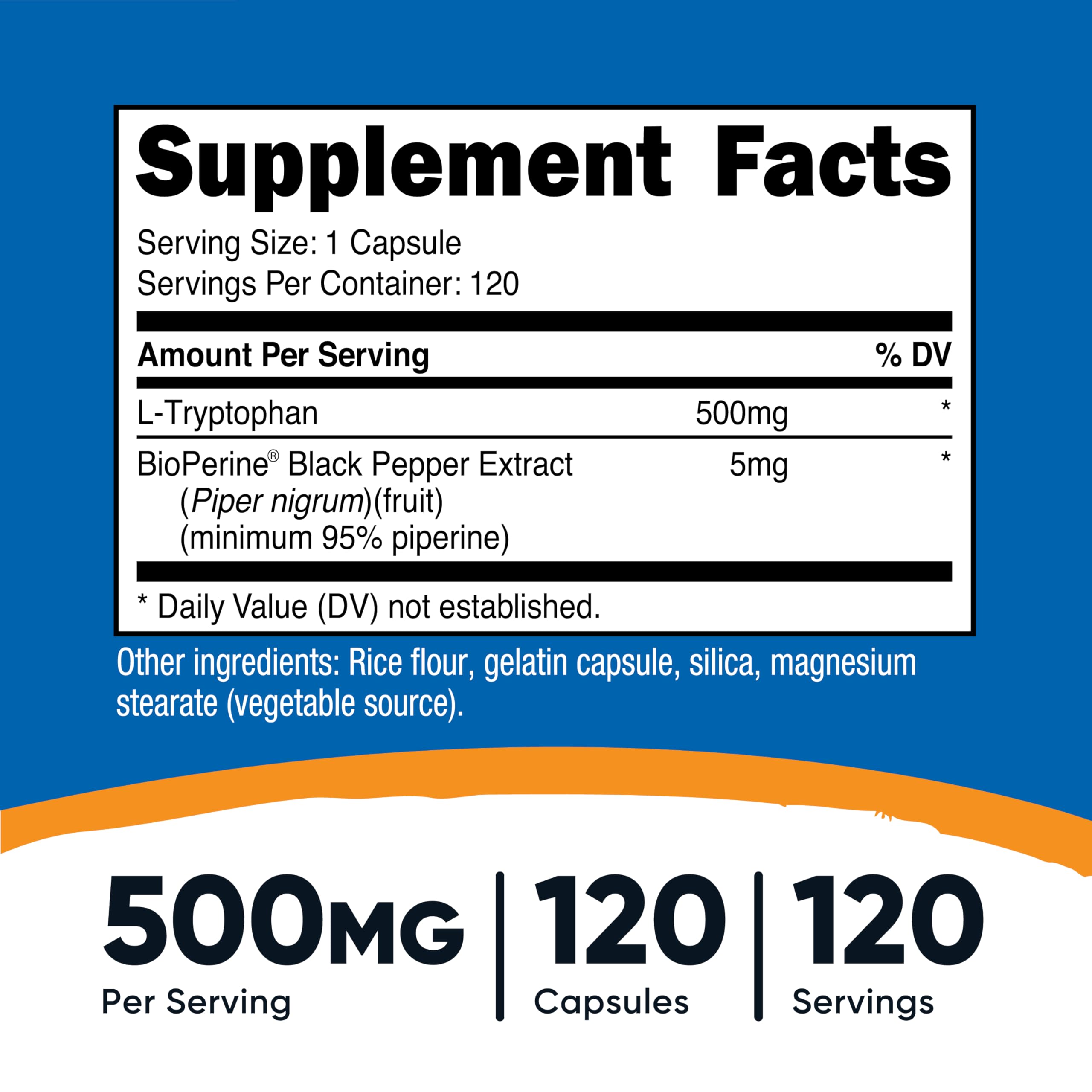 Nutricost L-Tryptophan 500mg supplement with 120 capsules for mood support and relaxation