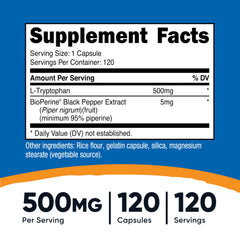 Nutricost L-Tryptophan 500mg supplement with 120 capsules for mood support and relaxation