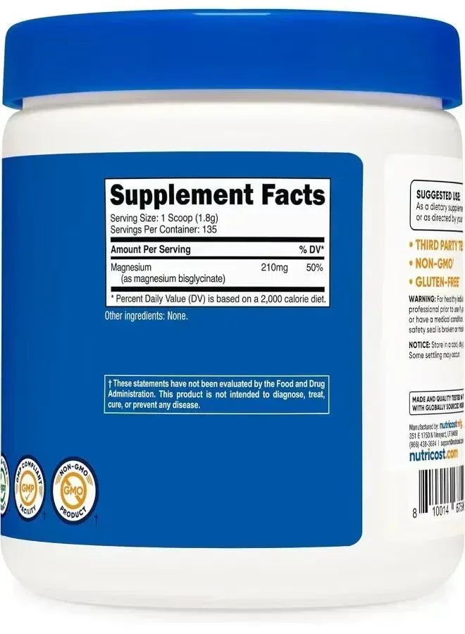 Nutricost Magnesium Bisglycinate Powder – Unflavored, 250g - Mumzar