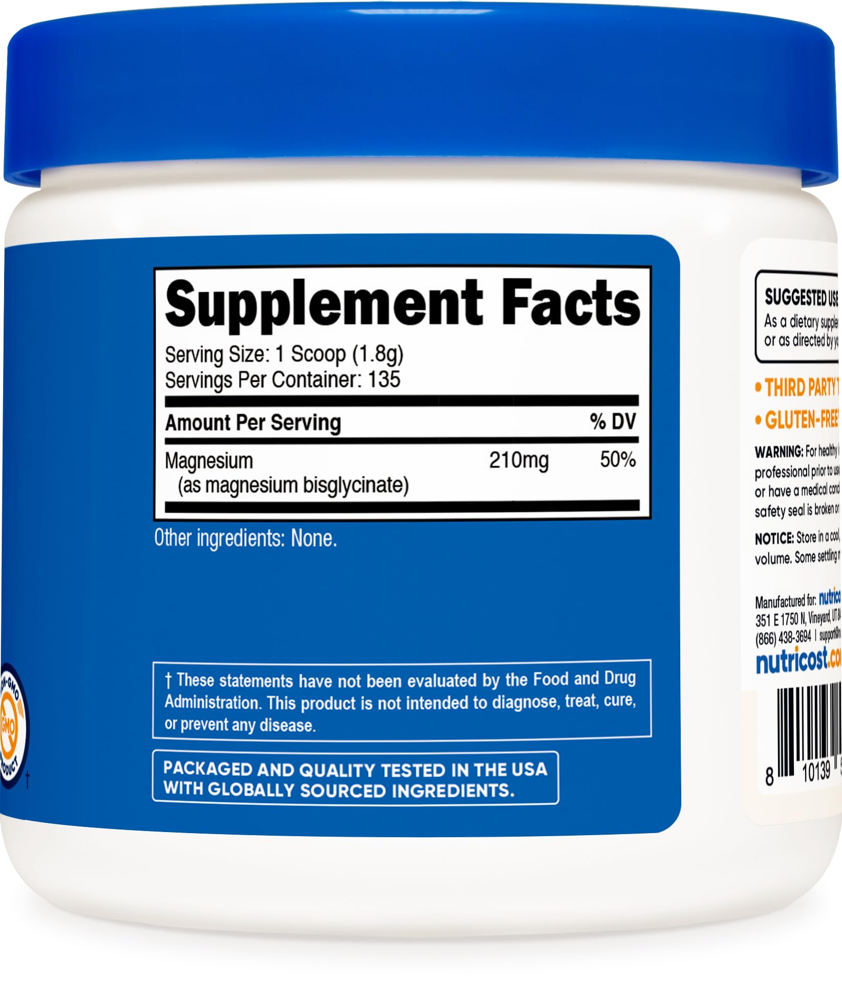 Nutricost Magnesium Glycinate Powder UAE in a white container with blue lid and nutritional facts displayed