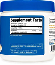Magnesium glycinate powder supplement bottle back, Supplement Facts panel