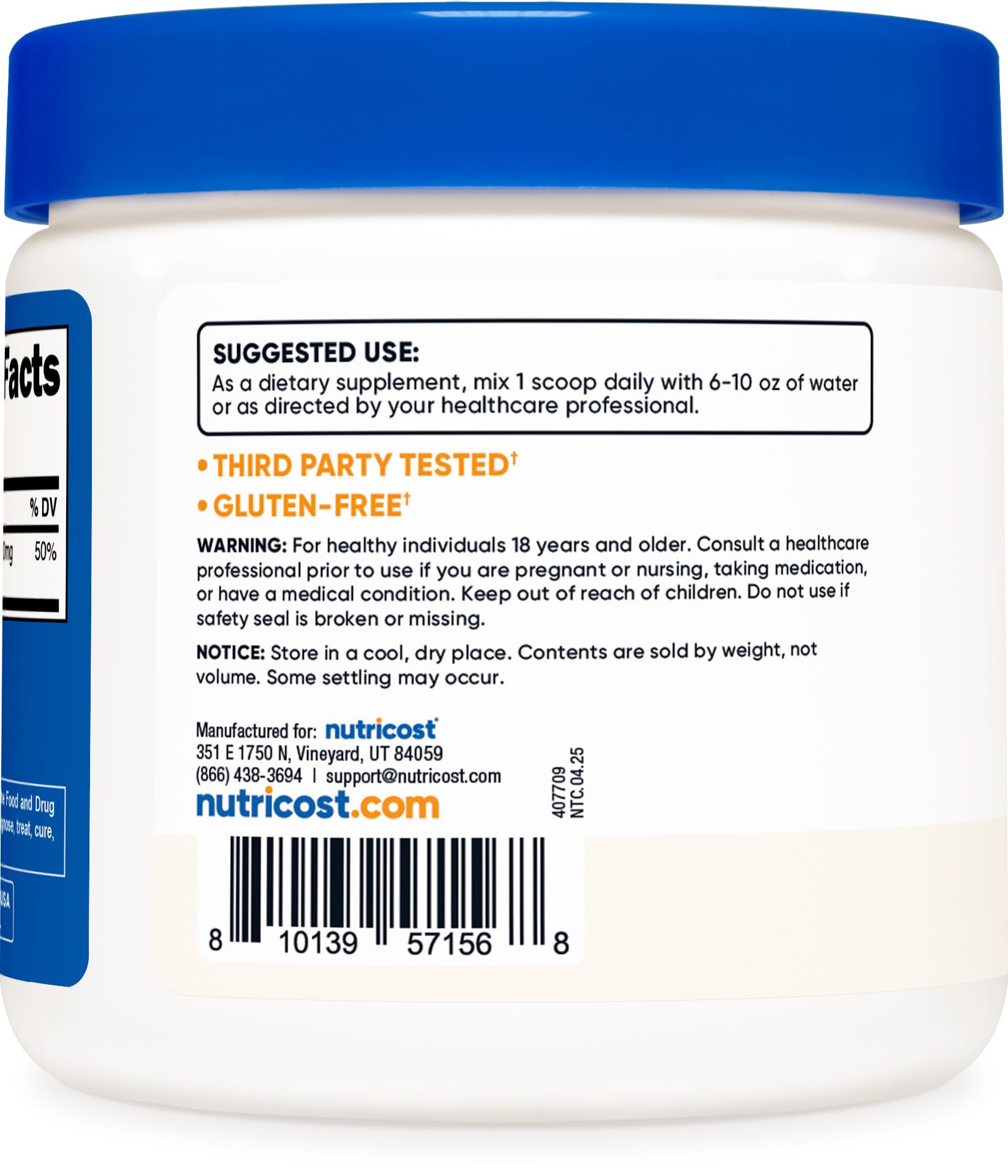 Nutricost Magnesium Glycinate Powder UAE in a white container with nutrition facts and usage instructions