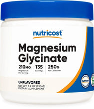 Magnesium glycinate powder supplement bottle, unflavored label, 210mg, 135 servings