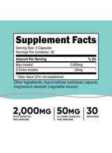 Supplement Facts label with servings, Myo Inositol 2,000mg and D-Chiro 50mg