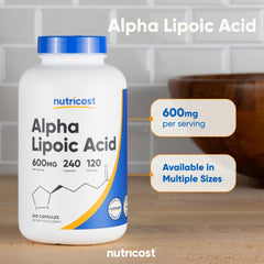 Nutricost alpha lipoic acid supplement UAE bottle showing 600 mg per serving and 240 capsules