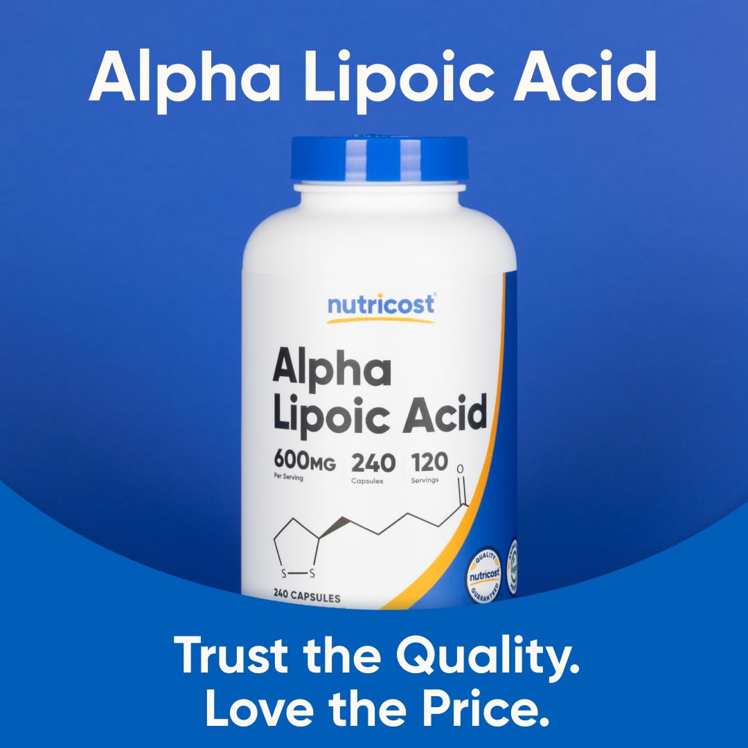 Nutricost alpha lipoic acid supplement UAE white bottle with blue cap 240 capsules 600mg label
