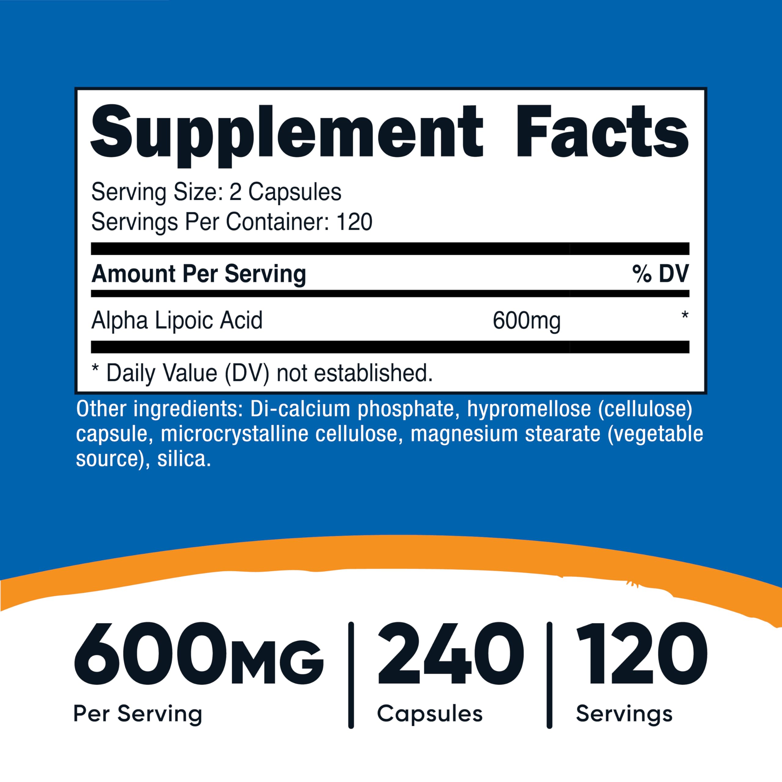 Supplement facts showing 600mg per serving 240 capsules 120 servings Nutricost alpha lipoic acid supplement UAE