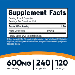 Supplement facts showing 600mg per serving 240 capsules 120 servings Nutricost alpha lipoic acid supplement UAE