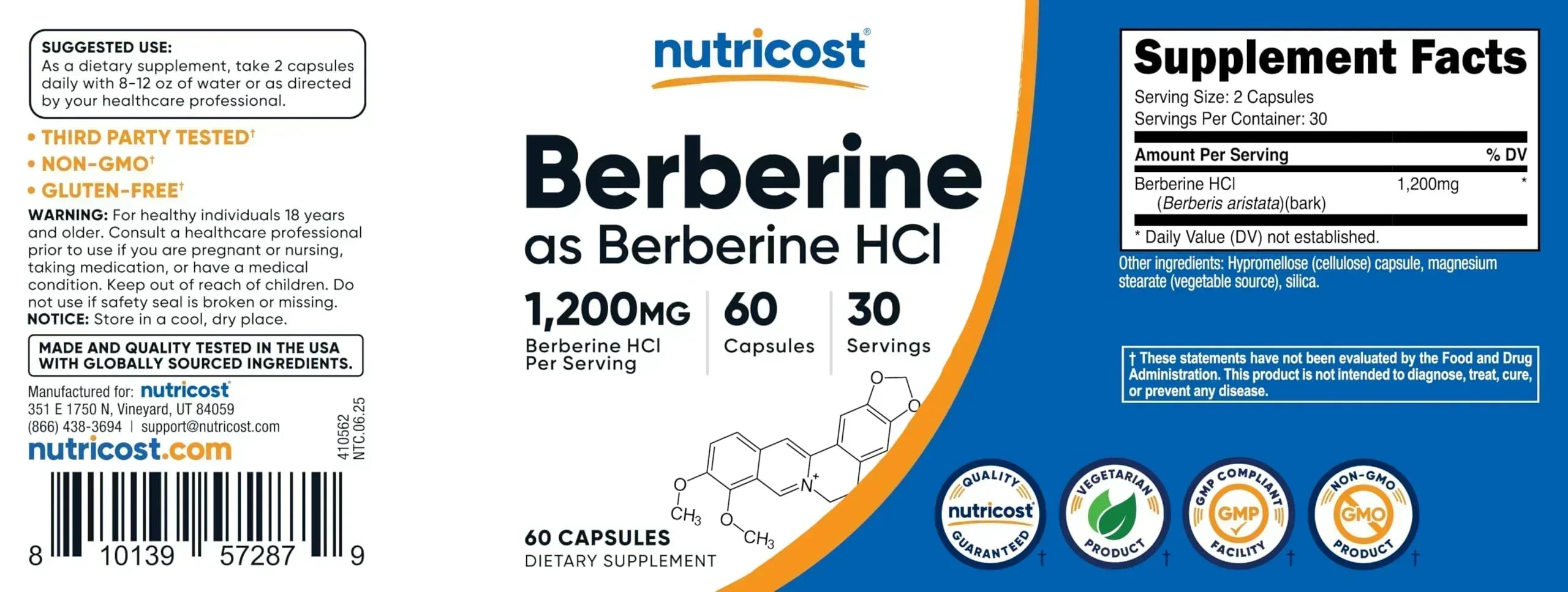 Nutricost Berberine HCl 1200mg Capsules - 60 Count - Mumzar
