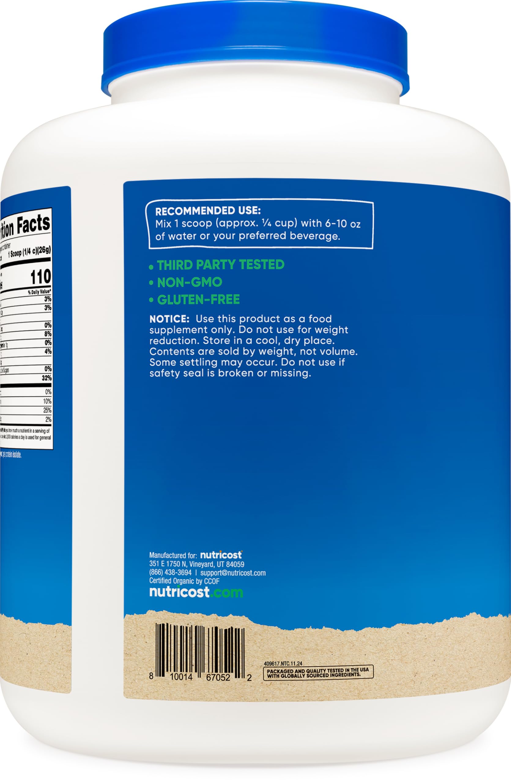 Nutricost Organic Pea Protein Powder in a large white tub with blue accents and nutrition facts on the side