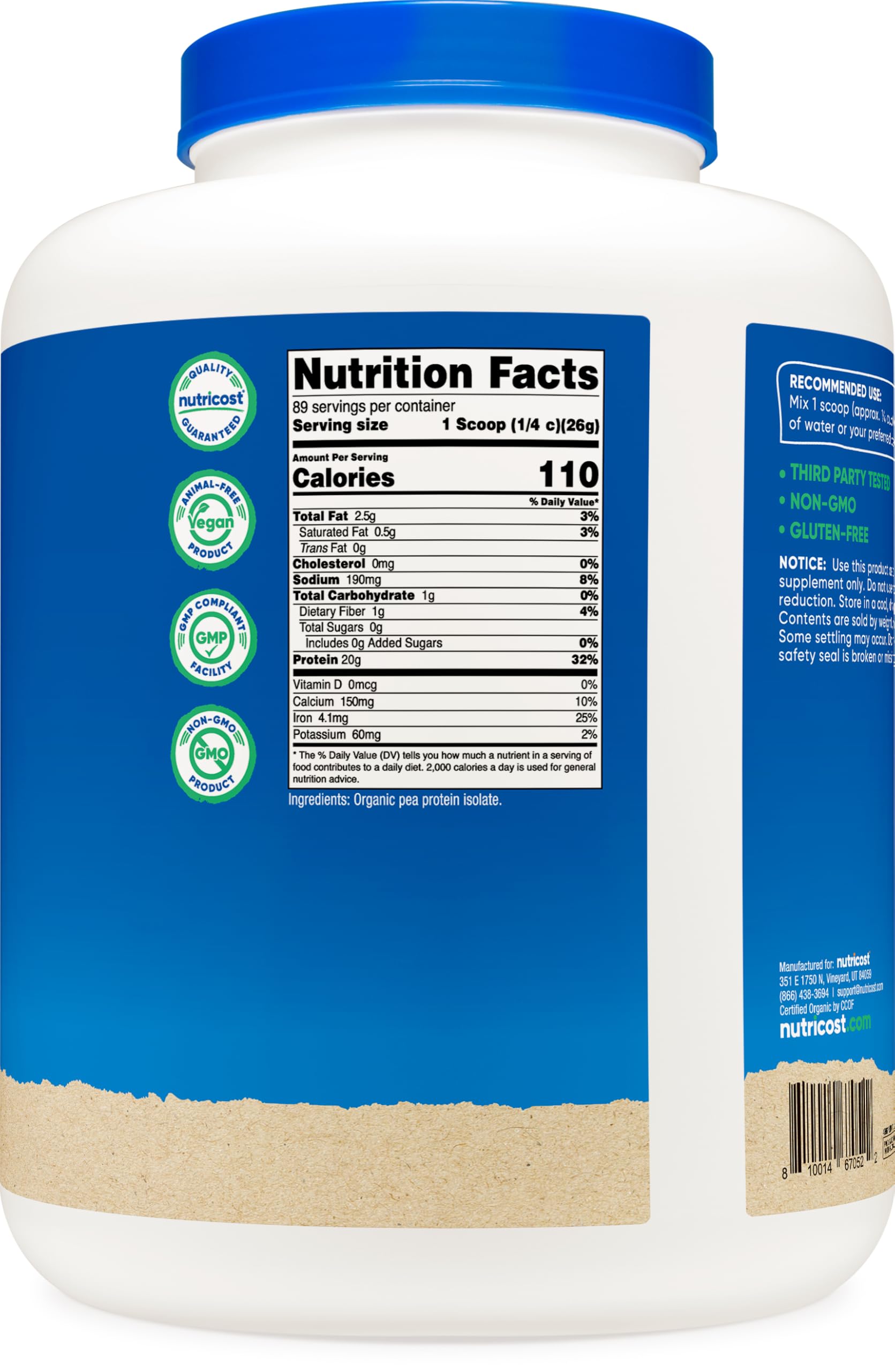 Nutricost Organic Pea Protein Powder in large container showcasing nutrition facts for healthy supplementation
