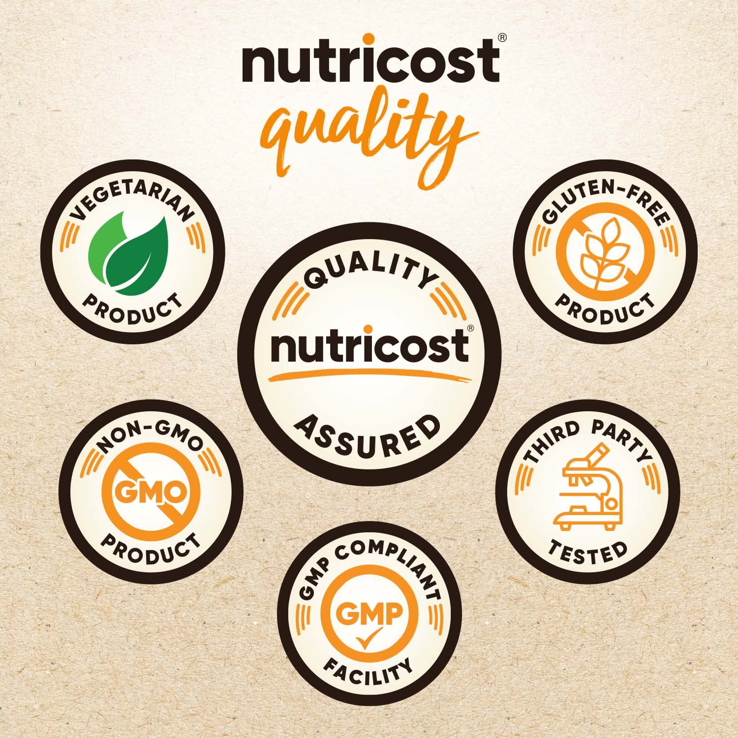 Nutricost organic pea protein powder quality assurance labels showing vegetarian, non-GMO, gluten-free features