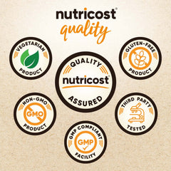 Nutricost organic pea protein powder quality assurance labels showing vegetarian, non-GMO, gluten-free features