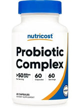 Probiotic supplement bottle with blue cap and white label reading Probiotic Complex