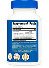 Probiotic supplement bottle back with Supplement Facts table and ingredient list